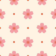 Seamless pattern with pink cherry blossoms and dots. Sakura flowers print