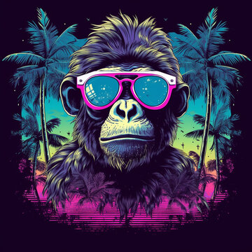 Illustration of a cool monkey wearing headphones and sunglasses