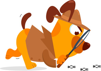 Detective Dog Cartoon Character With Magnifying Glass Following A Clues. Vector Illustration Flat Design Isolated On Transparent Background