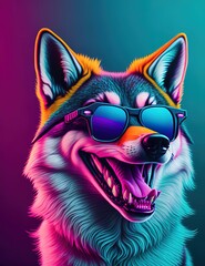 Portrait of a fun fashion dog wolf in neon light in pink magenta and cyan blue tones. Futuristic, cyberpunk or hipster in fluorescent sunglasses. generative ai