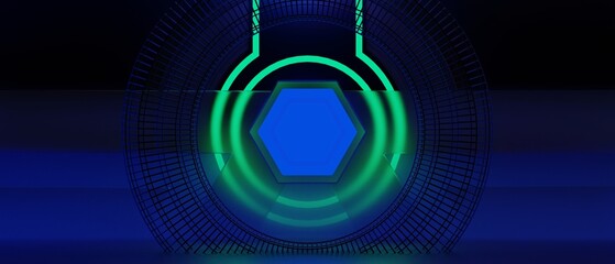 3d illustration rendering of futuristic cyberpunk city, gaming scifi stage display pedestal background, gamer banner sign of neon glow stand podium