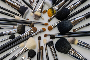 A set of makeup brushes. White background. Makeup brush set.