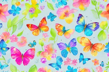 Fototapeta na wymiar Abstract watercolor pattern with flowers and butterflies. Background wallpaper. generative ai