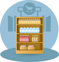 Shelf with product illustration. Package, bottle, box, rack. Editable vector graphic design.