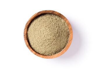 Maca powder in wooden bowl isolated on white background. Top view. Flat lay.