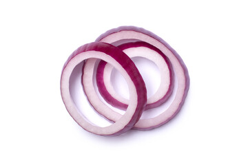 Fresh red onion ring sliced isolated on white background, top view, flat lay.