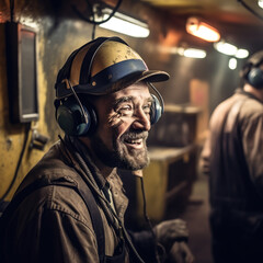 Generative AI: Fr&ouml;hlicher Bergmann in einer Zeche im Ruhrgebiet h&ouml;rt sich unter Tage einen Podcast an