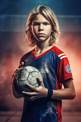 Hero-Shot eines 12-jährigen angespannt schauenden blonden jugendlichen Handballspieler in einem rot-blauen Trikot hält einen Handball in der Hand - AI-generated