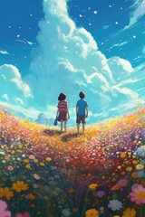 cute siblings walking on a big field of flowers, anime manga style, generative ai technology