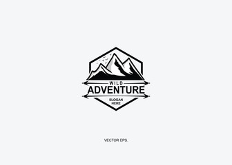 Outdoor logo design template, Mountain logo design vector illustration, adventure logo with compass, tent, outdoor