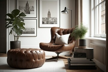 a brown leather chair with a plush ottoman in a minimalist living room, created with generative ai - obrazy, fototapety, plakaty