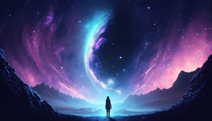 Fototapeta na wymiar a lonely woman watching a magical big sky, universe scifi artwork, generative ai technology