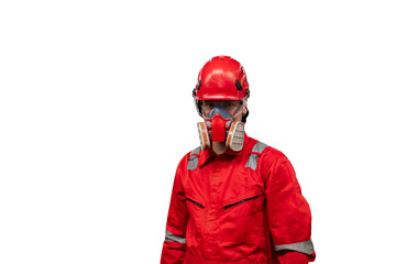 Portrait industry worker with safety uniform protective wearing gas mask with isolate white...