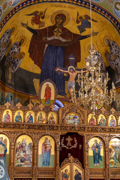 Interior of the Greek orthodox Church of St George, the wedding church in Kfar Cana Israel.
