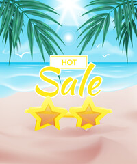 Summer sale blue banner design with palm leaves, sand, ocean waves and sun shining in the blue sky, star shaped sunglasses on tropical paradise beach scene background for advertising summer discounts