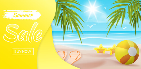 Big yellow sale banner with palm leaves, sand, beach ball and sunglasses for special offers, holiday discounts and summer promotions in shops or online. Tropic beach landscape illustration with ocean