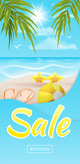Fototapeta na wymiar Big blue sale banner with palm leaves, sand, beach ball and sunglasses for special offers, holiday discounts and summer promotions in shops or online. Tropic beach landscape illustration with ocean