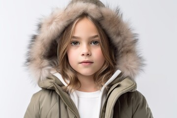 Lifestyle portrait photography of a glad kid female wearing a warm parka against a white background. With generative AI technology