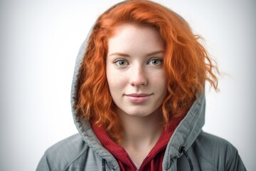Environmental portrait photography of a glad girl in her 30s wearing a cozy zip-up hoodie against a white background. With generative AI technology