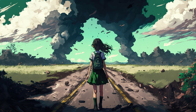 an anime illustration of a fantasy world with a woman standing lonely on a long road, generative ai technology