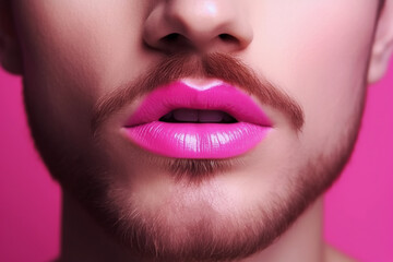 Fototapeta premium pink lipstick-painted lips of transgender gay man with makeup on face close-up. Generative AI illustration