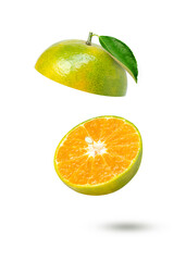 Fototapeta na wymiar Tangerine orange levitate in the air isolated on white background.