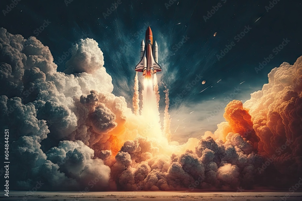 Poster rocket blast off, with stars and clouds in the background, created with generative ai