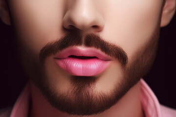 pink lipstick-painted lips of transgender gay man with makeup on face close-up. Generative AI illustration