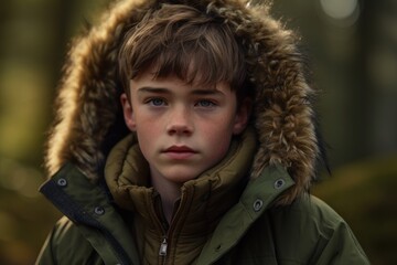 Environmental portrait photography of a satisfied boy in his 30s wearing a warm parka against a forest background. With generative AI technology