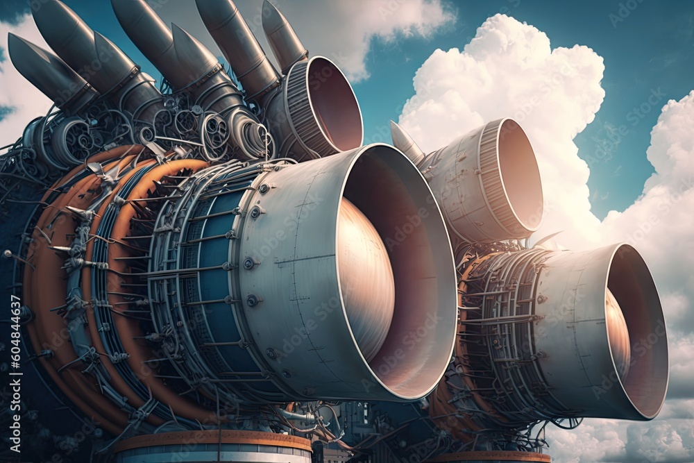 Sticker close-up of rockets engines, with clouds in the background, created with generative ai