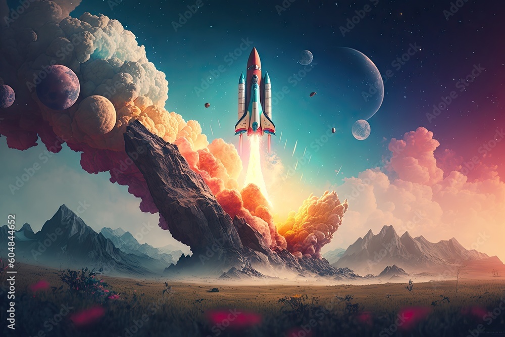 Sticker rocket start, with the view of colorful and peaceful planet in the background, created with generati