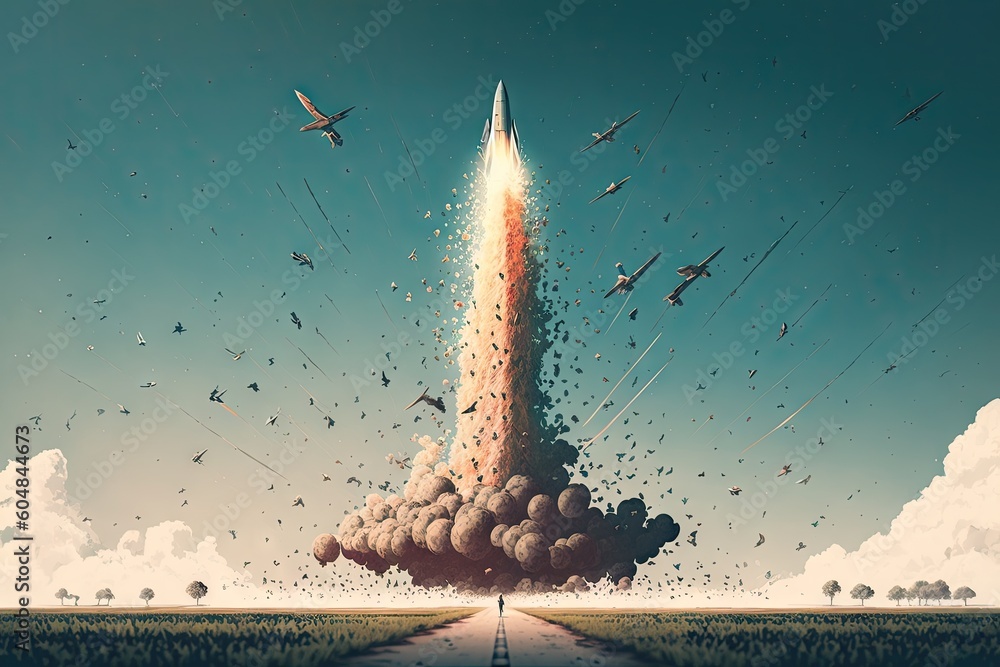 Poster rocket launch, with a flock of birds in the sky and on the ground, created with generative ai
