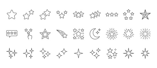 Stars line icons set. Rank - quality, favorite, bright firework, falling, flash, flickering, shining sparkle, magic, fantasy vector illustration. Outline signs for good habits. Editable Stroke - 604844627