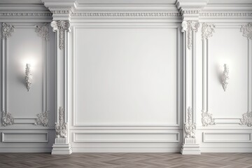 Classic style mouldings and wooden floor, empty room interior, 3d render Generative AI