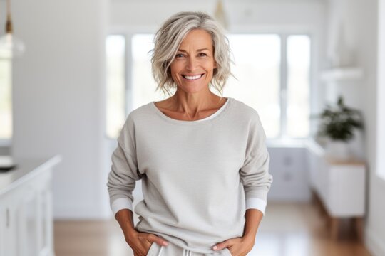 Medium shot portrait photography of a glad mature woman wearing soft sweatpants against a minimalist or empty room background. With generative AI technology