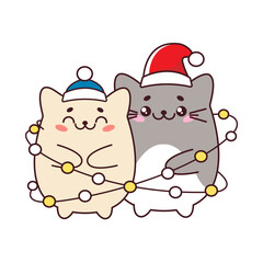 A pair of cute cats wrapped in a Christmas garland. Christmas cats. Vector illustration in the style of kawaii isolated on a white background