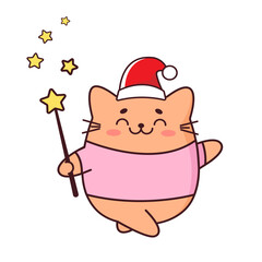 Cute red cat in a Christmas hat with a magic wand in the style of kawaii. Vector illustration