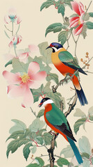 cute little birds sitting on a tree, embroidery art, generative ai technology