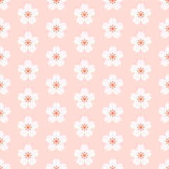 Pink seamless pattern with white and orange Sakura flowers