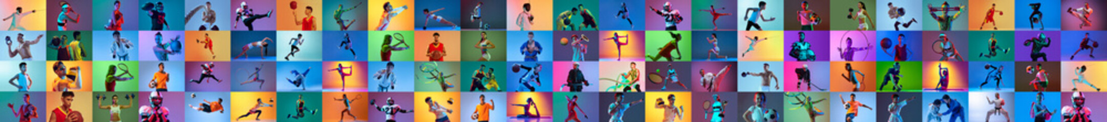 Collage of professional male and female sportsmen, athlete in action training different kinds of sport over multicolored background in neon. Banner for ad