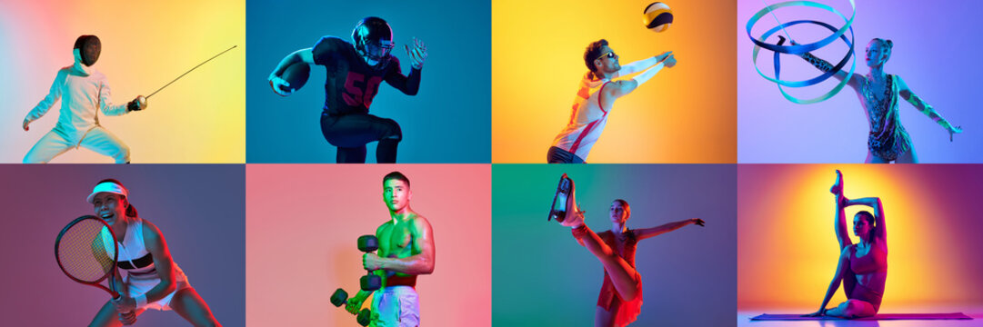 Collage with group of young people men and women doing different kinds of sport fencing, tennis, skating, volleyball, gymnastics, over multicolor background in neon light