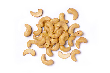 Cashew nut isolated on white background. Top view. Flat lay.
