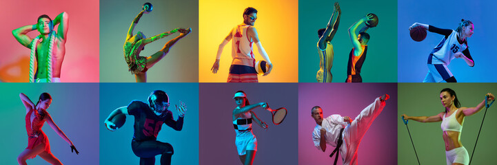 Collage with professional sport people, men and women training fencing, tennis, basketball, gymnastics, martial arts, fitness on multicolor neon background