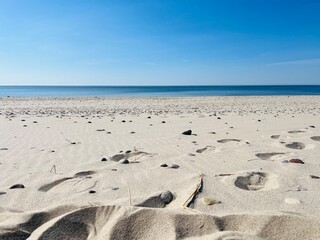 Blue seascape, white sand beach, wild beach, blue sea and blue sky 