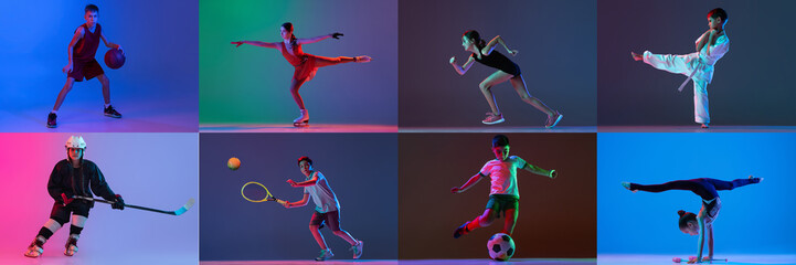 Collage of little sportsmen doing different activities tennis, martial arts, gymnastics, hockey on multicolored background in neon. Banner for ad. Children's sport sections
