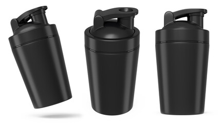 Set of sport shakers for protein drink isolated on white background.