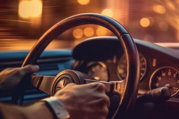 A close-up image of a driver's hand firmly gripping the steering wheel as their car overtakes, with a blurred background, focusing on the driver's determination and control. Generative AI