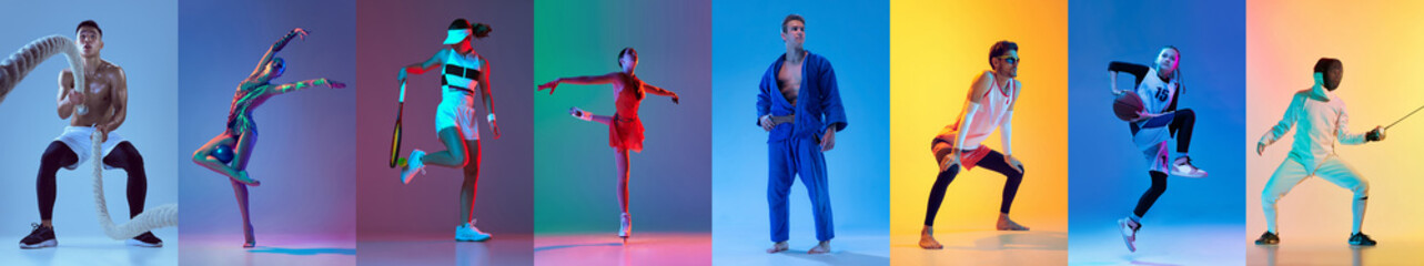 Collage of different professional male and female sportsmen in action training fencing, skating, swimming, tennis at studio over multicolored background in neon light