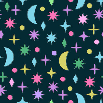 Seamless pattern. Hand drawn vector illustrations of stars and planets in cartoon Neobrutalism style on dark background