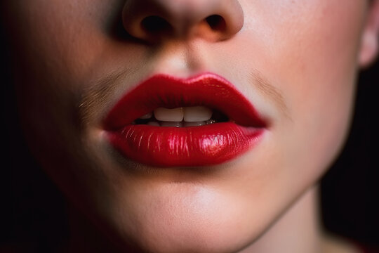 red lipstick lips of transgender gay man with makeup on face close-up. Generative AI